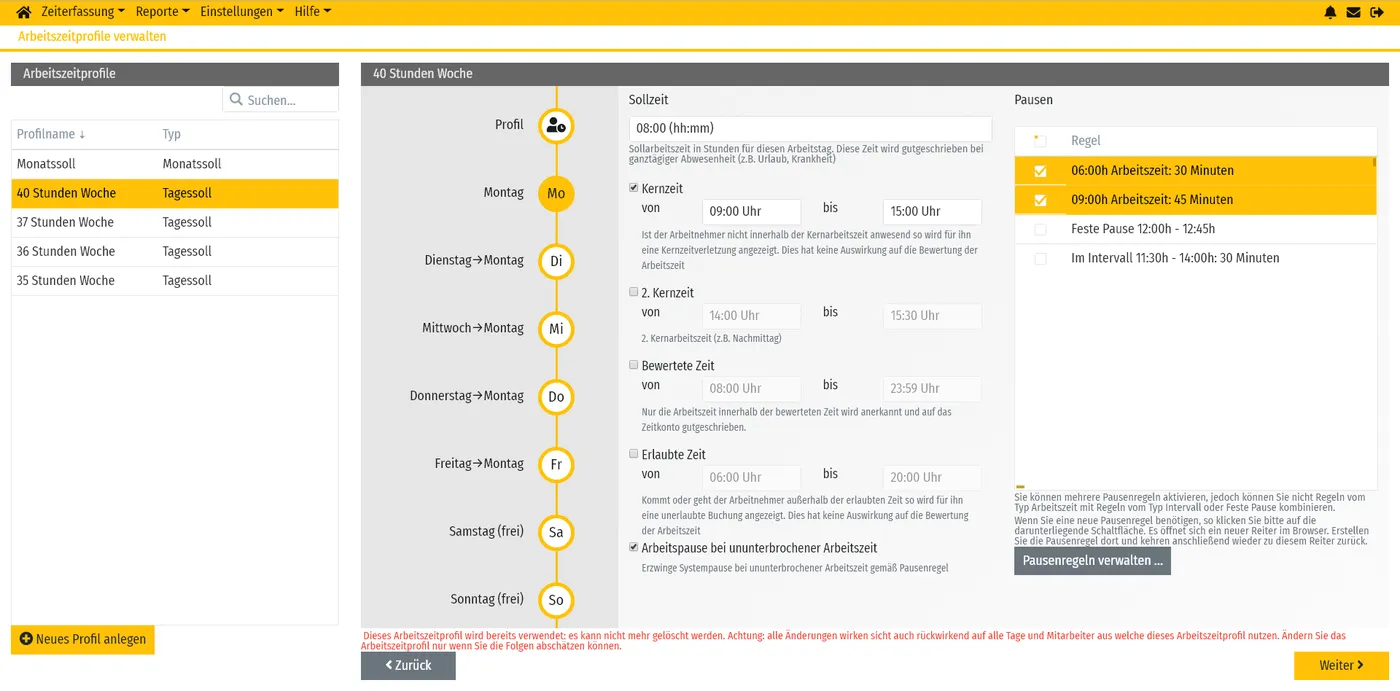 timeCard Arbeitszeitprofile mit Pausen- und Zuschlagsregeln
