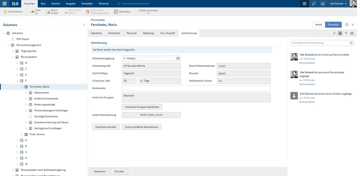 ELO-Personalakte mit eingebundenen timeCard-Daten