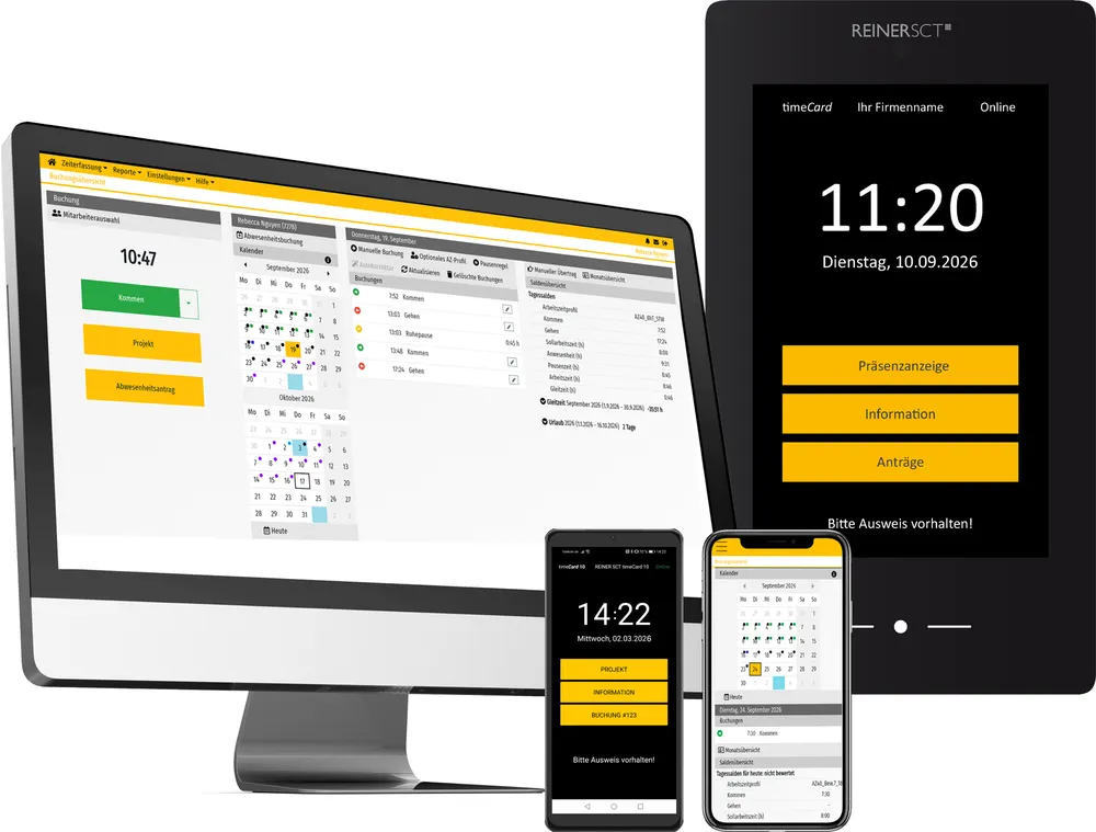 timeCard auf Monitor, Smartphone und Terminal