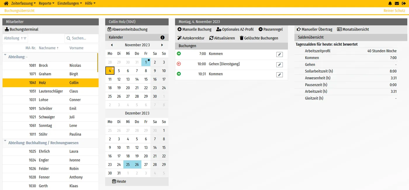 timeCard Mitarbeiterübersicht mit Status der Beschäftigten