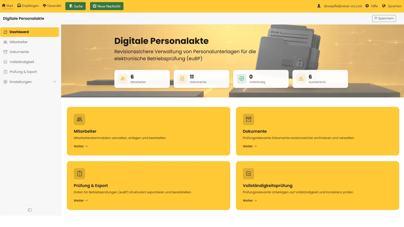 Startseite der timeCard Personalakte mit Dokumentkategorien