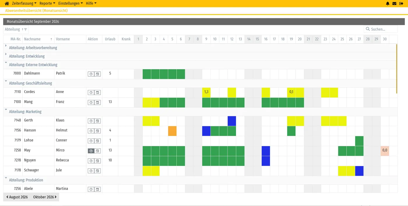 timeCard Urlaubsplanung als Jahresübersicht