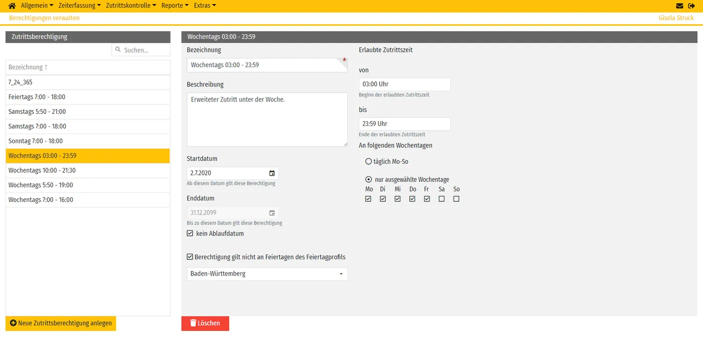 Berechtigungsverwaltung der timeCard Zutrittskontrolle